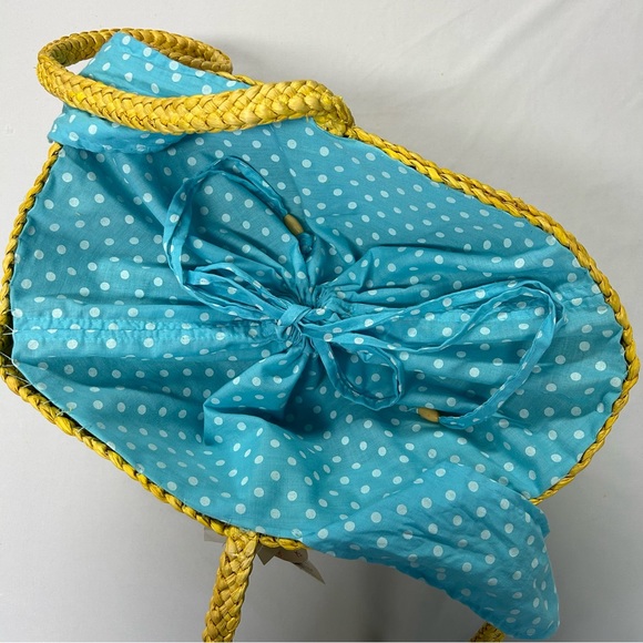 Woven Tote Beach Bag Large Bow Tie Embroidery Polka Dot Lined Yellow NWT Boho - Picture 11 of 13